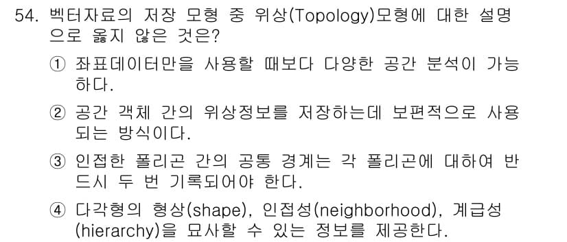 지적기사 2020년 54번 - 3번이 정답인 이유는 인접한 폴리곤 간의 공통 경계에 대한 기술에서 각 ... 에 관한 핵심 기출문제