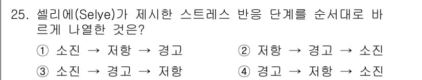 직업상담사_2급(구) 2020년 25번 - 셀리에의 스트레스 반응 단계는 '경고 반응' → '저항' → '소진' 순... 에 관한 핵심 기출문제