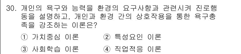 직업상담사_2급(구) 2020년 30번 - 정답은 '4' 직업적응 이론입니다. 이 이론은 개인의 요구와 능력을 환경... 에 관한 핵심 기출문제