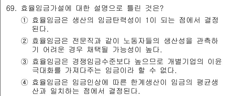 직업상담사_2급(구) 2020년 69번 - 효율임금가설은 기업이 노동자의 생산성을 높이기 위해 임금을 경쟁임금수준보... 에 관한 핵심 기출문제