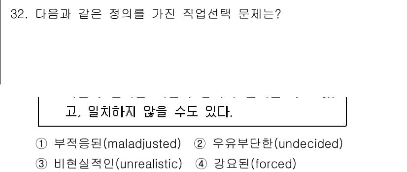 직업상담사_2급 2020년 32번 - 정답 '3' 비현실적인(unrealistic)은 직업 선택 시 개인의 능... 에 관한 핵심 기출문제