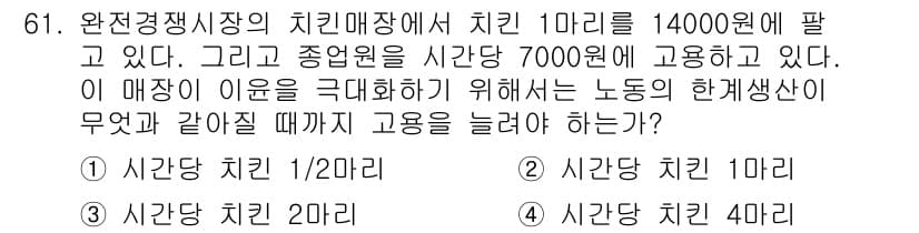 직업상담사_2급 2020년 61번 - 완전경쟁시장에서 치킨 1마리를 14,000원에 판매하고, 종업원은 시간당... 에 관한 핵심 기출문제