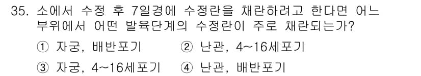 축산기사 2020년 35번 - 주어진 문제에서 '소에서 수정 후 7일경에 수정란을 채취'하는 상황을 고... 에 관한 핵심 기출문제