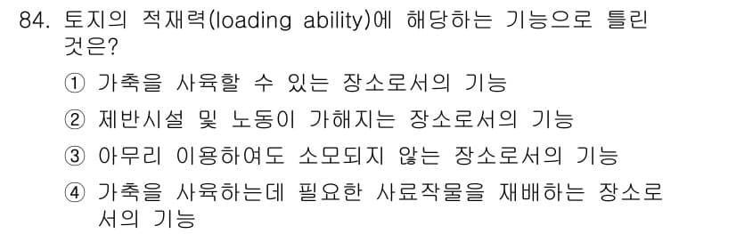 축산기사 2020년 84번 - 토지의 적재력(loading ability)은 특정 장소에서 가축을 수용... 에 관한 핵심 기출문제