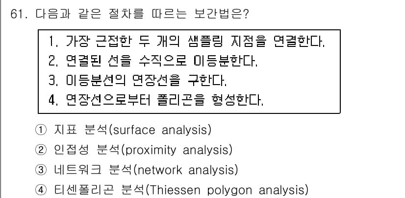 측량및지형공간정보기사 2020년 61번 - 이 문제는 특정 지점들 간의 거리를 기반으로 영역을 구획화하는 기법을 묻... 에 관한 핵심 기출문제
