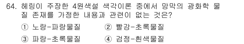 컬러리스트기사 2020년 64번 - 헤링의 4원색 이론에 따르면 색의 혼합은 특정 색깔 조합에서만 의미가 있... 에 관한 핵심 기출문제