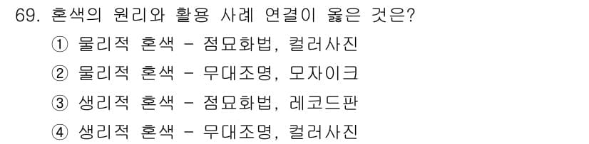 컬러리스트기사 2020년 69번 - 혼색의 원리에 따르면 생리적 혼색은 서로 다른 색의 물체가 인식되는 경우... 에 관한 핵심 기출문제