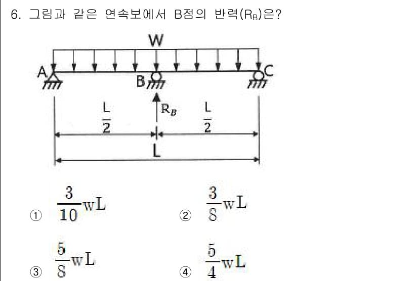 토목기사 2020년 6번 - B점의 반력 \( R_B \)를 구하기 위해서, 전체 보의 하중 균형을 ... 에 관한 핵심 기출문제
