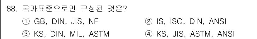 품질경영기사 2020년 88번 - 정답인 '1'번은 GB, DIN, JIS, NF가 모두 국가표준을 기반으... 에 관한 핵심 기출문제
