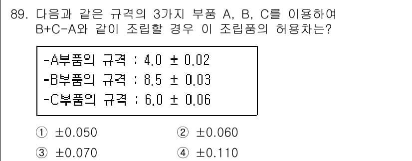 품질경영기사 2020년 89번 - B + C - A의 조합을 계산하면, B의 규격 8.5 ± 0.03와 C... 에 관한 핵심 기출문제