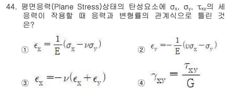 화약류관리기사 2020년 45번 - 평면응력 상태에서 변형률과 응력 간의 관계는 일반적으로 후크의 법칙에 따... 에 관한 핵심 기출문제