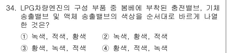 화재감식평가기사 2020년 34번 - LPG 차량 엔진에서 충전밸브, 기체 송출밸브, 액체 송출밸브의 색상은 ... 에 관한 핵심 기출문제
