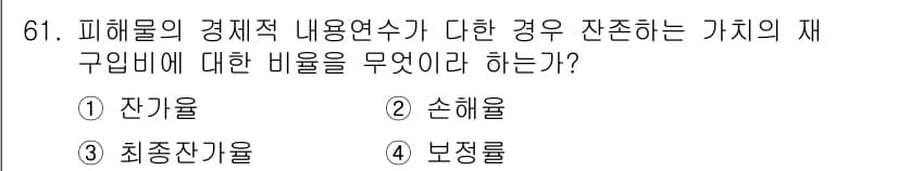화재감식평가기사 2020년 63번 - 피해 물품의 경제적 내용을 평가할 때, 잔가율은 잔존하는 가치와 재구입비... 에 관한 핵심 기출문제