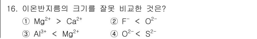 화학분석기사(구) 2020년 17번 - 이온의 크기는 전하와 원자 번호에 큰 영향을 받습니다. F⁻는 9개의 양... 에 관한 핵심 기출문제