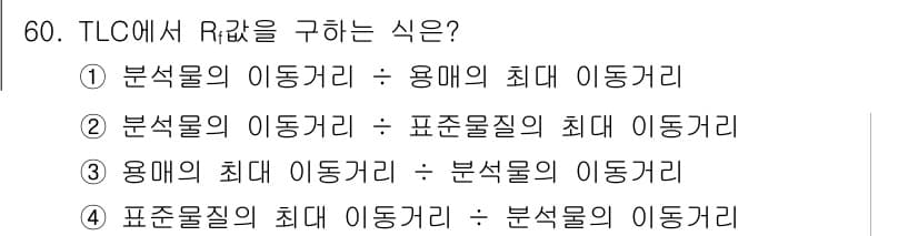 화학분석기사(구) 2020년 61번 - TLC(얇은 층 크로마토그래피)에서 Rf 값은 특정 물질의 이동 거리를 ... 에 관한 핵심 기출문제