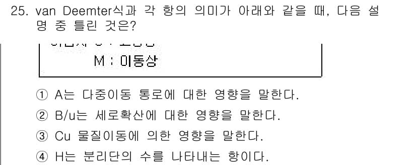 화학분석기사 2020년 26번 - van Deemter식에서 H는 분리단의 수를 나타내는 항입니다. 이는 ... 에 관한 핵심 기출문제