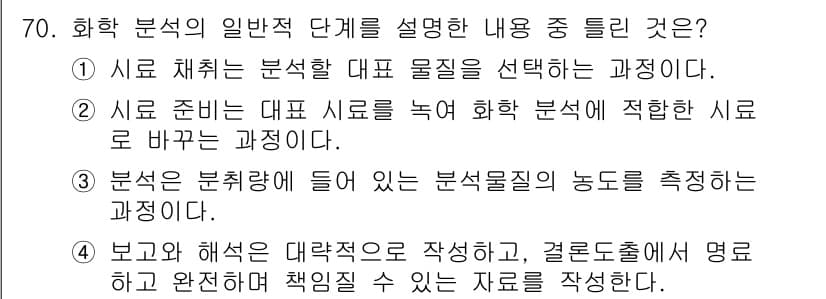 화학분석기사 2020년 71번 - 정답인 '3'번은 화학 분석의 단계에서 분석하여 얻은 결과를 바탕으로 시... 에 관한 핵심 기출문제