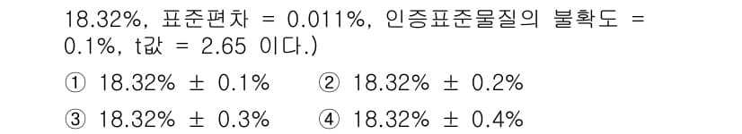 화학분석기사 2020년 75번 - 주어진 문제에서 불확실성을 계산하기 위해 표준편차와 t값을 곱하여 신뢰구... 에 관한 핵심 기출문제