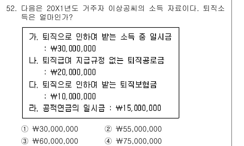 전산회계운용사_1급 2020년 51번 - 이 문제의 정답은 '3'입니다. 퇴직소득은 퇴직으로 인한 소득 중 일시금... 에 관한 핵심 기출문제