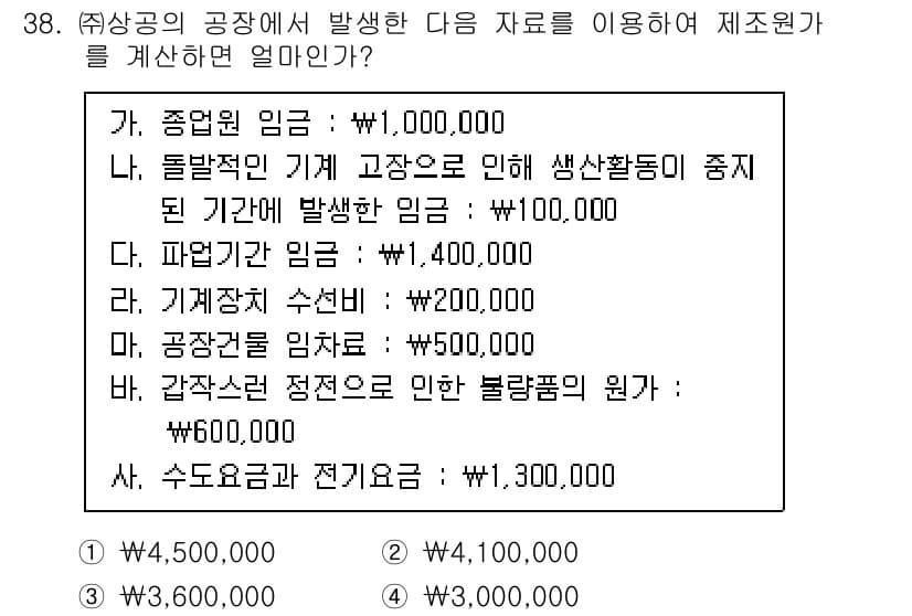 전산회계운용사_2급 2020년 38번 - 제조원가를 계산할 때, 직접 인건비와 제조 간접비를 합산해야 합니다. 주... 에 관한 핵심 기출문제