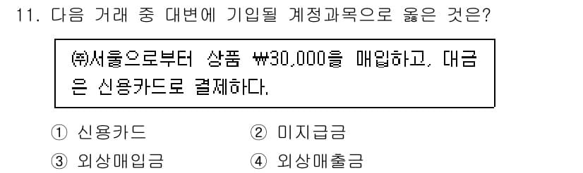 전산회계운용사_3급 2020년 11번 - 이 거래는 신용카드로 결제한 상황이므로, 해당 거래는 "신용"과 관련된 ... 에 관한 핵심 기출문제