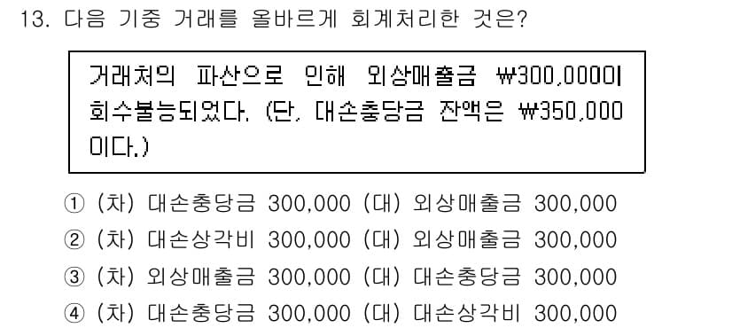 전산회계운용사_3급 2020년 13번 - 이 문제에서 외상매출금 300,000원이 회수불능으로 처리되었으므로, 외... 에 관한 핵심 기출문제