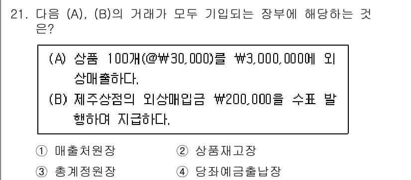 전산회계운용사_3급 2020년 21번 - (A)와 (B)는 모두 매출 거래에 해당합니다. (A)는 상품 판매로 인... 에 관한 핵심 기출문제