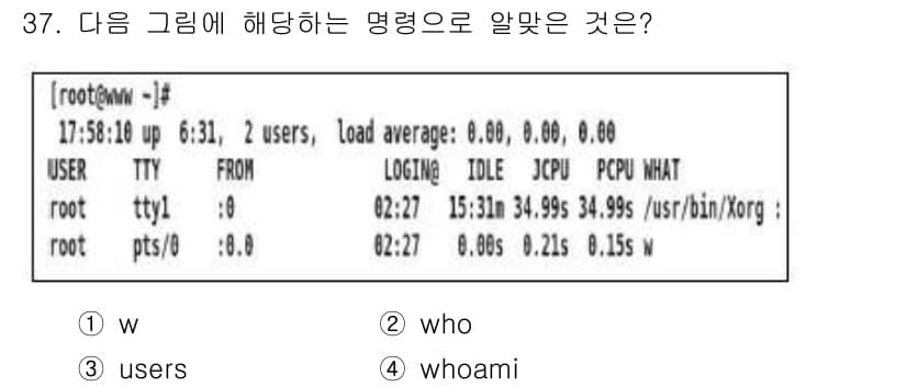 리눅스마스터_1급 2020년 37번 - 주어진 그림은 현재 시스템에 로그인한 사용자와 그들의 활동 정보를 보여줍... 에 관한 핵심 기출문제