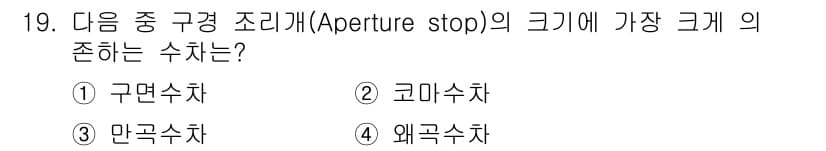 광학기사 2016년 19번 - 구경 조리개(Aperture stop)는 광학 시스템에서 빛이 통과하는 ... 에 관한 핵심 기출문제