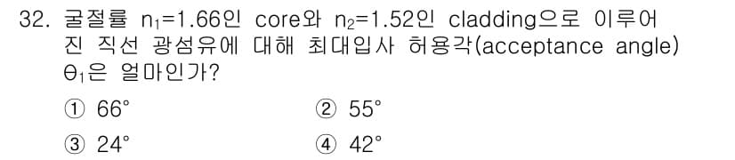 광학기사 2016년 32번 - 최대 입사각(허용각)은 코어와 클래딩의 굴절률을 이용해 계산할 수 있습니... 에 관한 핵심 기출문제