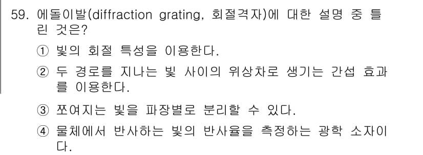광학기사 2016년 59번 - 에틀리밥(diffration grating)은 빛의 회절 현상을 이용하여... 에 관한 핵심 기출문제