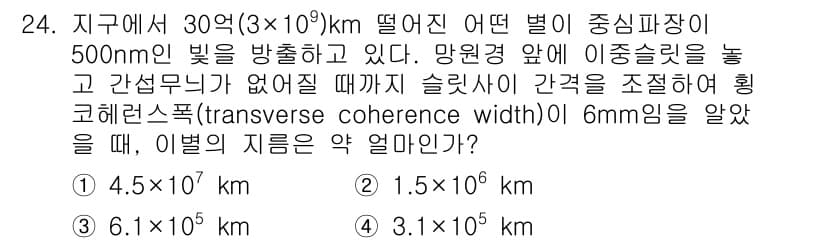 광학기사 2019년 24번 - 주어진 문제에서 진행 방향과 빛의 파장은 500nm이며, 슬릿 간격과 코... 에 관한 핵심 기출문제