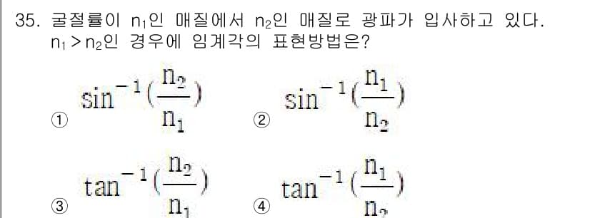 광학기사 2019년 35번 - 문제에서 주어진 조건은 n1 > n2이며, 이는 굴절률이 높은 매질(n1... 에 관한 핵심 기출문제