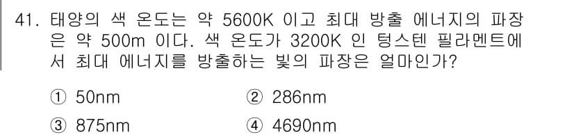 광학기사 2019년 41번 - 태양의 색 온도인 약 5600K에서 최대 방출 에너지는 약 500nm 파... 에 관한 핵심 기출문제