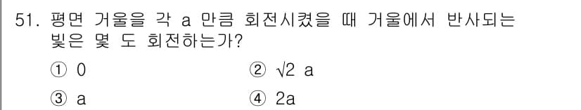 광학기사 2019년 51번 - 평면 거울에서 발생하는 반사 법칙에 따라, 반사된 빛의 각도는 입사각과 ... 에 관한 핵심 기출문제