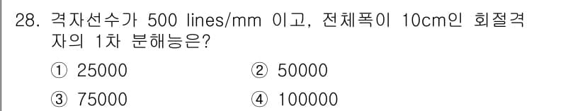 광학기사 2020년 28번 - 주어진 문제에서 격자선수는 500 lines/mm입니다. 10cm의 회절... 에 관한 핵심 기출문제