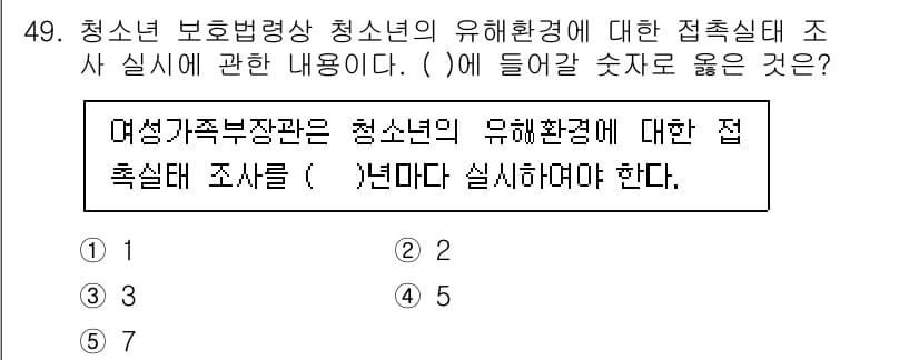 청소년상담사_1급(1교시)(구) 2020년 48번 - 여성가족부장관은 청소년의 유해환경에 대한 접촉실태 조사를 연 2회 실시해... 에 관한 핵심 기출문제
