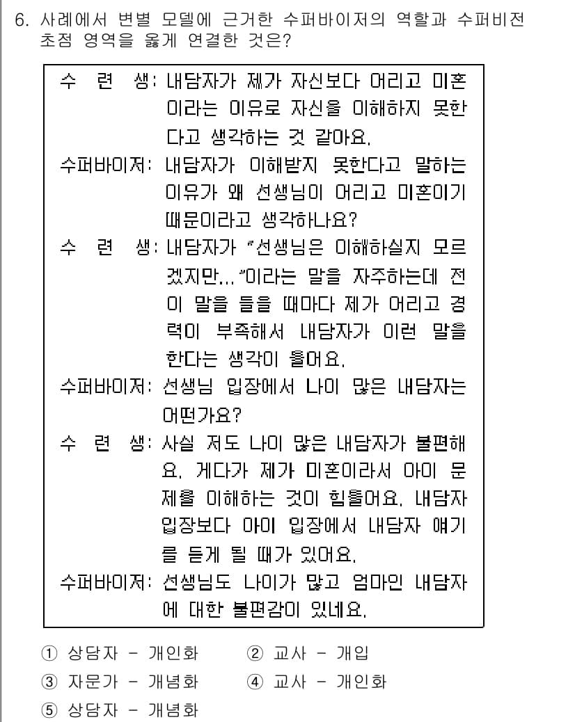 청소년상담사_1급(1교시)(구) 2020년 6번 - 정답 '1'은 상담자가 자아를 이해하고 자신을 인식하지 못하는 상태에서 ... 에 관한 핵심 기출문제