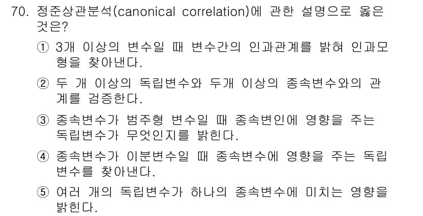 청소년상담사_1급(1교시)(구) 2020년 69번 - 정준상관분석은 두 집단의 여러 독립변수와 종속변수 간의 관계를 동시에 분... 에 관한 핵심 기출문제