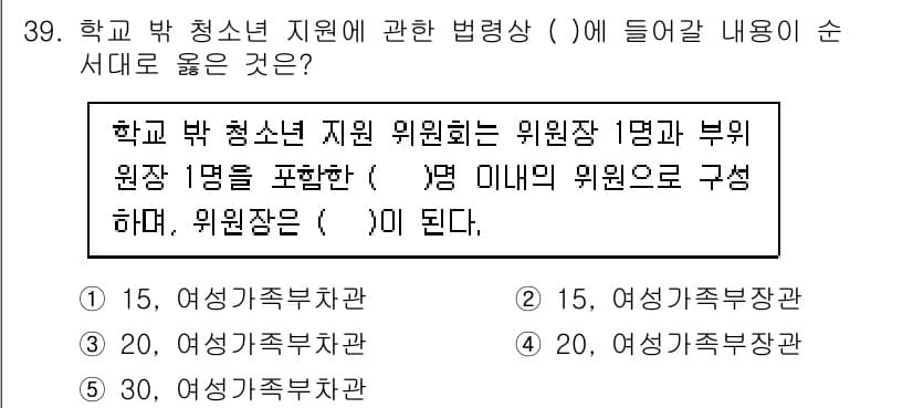 청소년상담사_1급(1교시) 2020년 38번 - 학교 밖 청소년 지원 위원회는 위원장 1명과 부위원원 1명을 포함해 총 ... 에 관한 핵심 기출문제