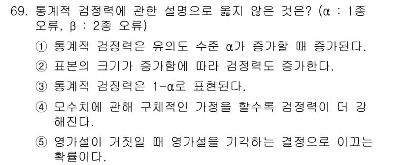 청소년상담사_1급(1교시) 2020년 68번 - 정답은 '4'입니다. 통계적 검정력은 특정 가설을 검정할 수 있는 능력을... 에 관한 핵심 기출문제