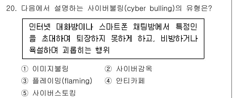 청소년상담사_1급(2교시)(구) 2020년 20번 - 사이버불링은 특정인을 온라인 상에서 공격하고 괴롭히는 행동을 의미합니다.... 에 관한 핵심 기출문제