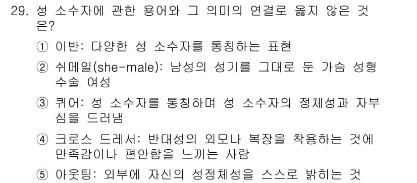 청소년상담사_1급(2교시)(구) 2020년 29번 - 정답인 '5'번은 외부의 성정체성을 드러내는 행동으로, 성 소수자와 그 ... 에 관한 핵심 기출문제
