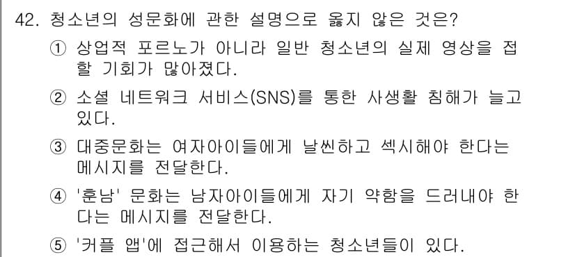 청소년상담사_1급(2교시)(구) 2020년 42번 - 문제에서 올바르지 않은 설명은 '4'번입니다. '훌난' 문화는 남자아이들... 에 관한 핵심 기출문제