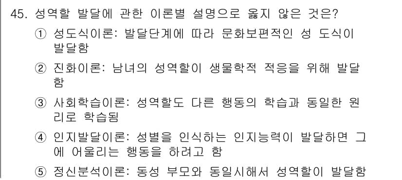 청소년상담사_1급(2교시)(구) 2020년 45번 - 문제에서 묻는 것은 성역할 발달 이론에 대한 설명 중 맞지 않는 것을 찾... 에 관한 핵심 기출문제