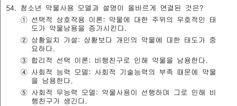 청소년상담사_1급(2교시)(구) 2020년 54번 - 청소년 약물사용 모델 중 '사회적 무능력 모델'은 청소년이 약물을 선택하... 에 관한 핵심 기출문제