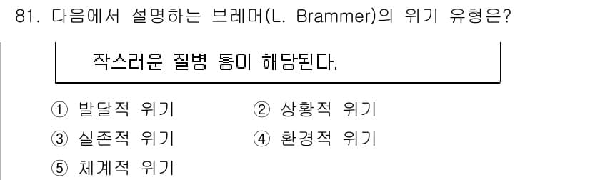 청소년상담사_1급(2교시)(구) 2020년 81번 - 브래머의 위기 유형 중 '상황적 위기'는 특정 상황에서 발생하는 심리적 ... 에 관한 핵심 기출문제