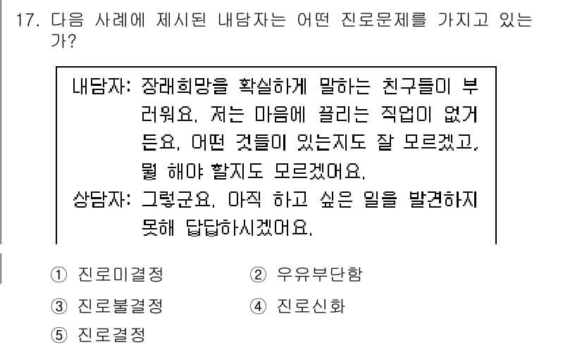 청소년상담사_2급(2교시)(구) 2020년 17번 - 내담자는 자신의 욕구와 목표에 대한 확신이 없으며, 자신이 원하는 것이 ... 에 관한 핵심 기출문제