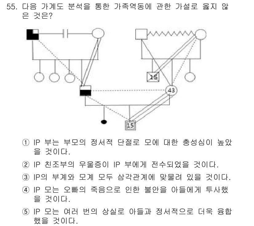청소년상담사_2급(2교시)(구) 2020년 55번 - 주어진 보기 중 '2'번은 IP 친조부의 우월성이 IP 부에 전달되었다고... 에 관한 핵심 기출문제