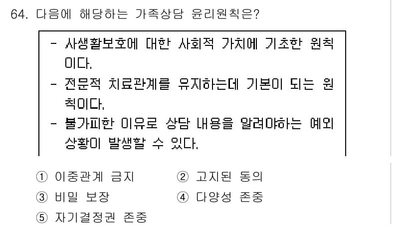 청소년상담사_2급(2교시)(구) 2020년 64번 - '가족상담 윤리원칙'에 대한 설명에서 강조되는 것은 사생활 보호와 전문적... 에 관한 핵심 기출문제